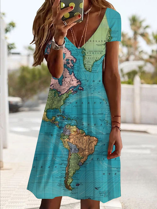 Map Print V Neck Short Sleeve Dress