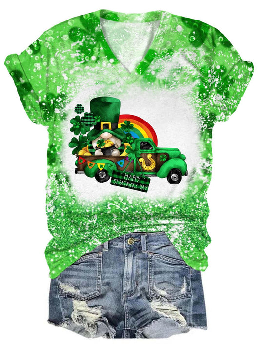 St. Patrick Truck Gnome V-Neck Tie Dye T-Shirt