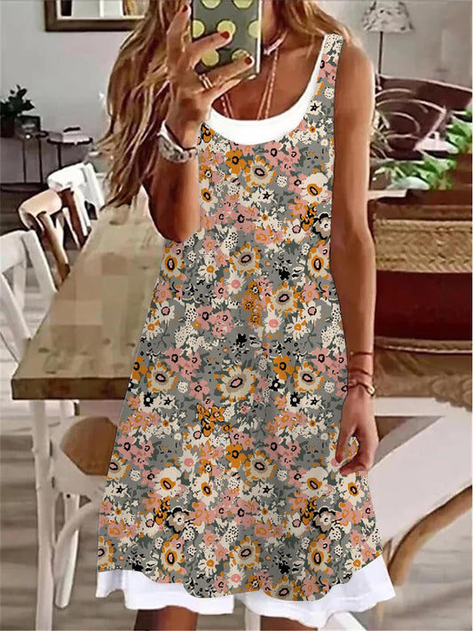 Floral Print Ladies False Two Dress