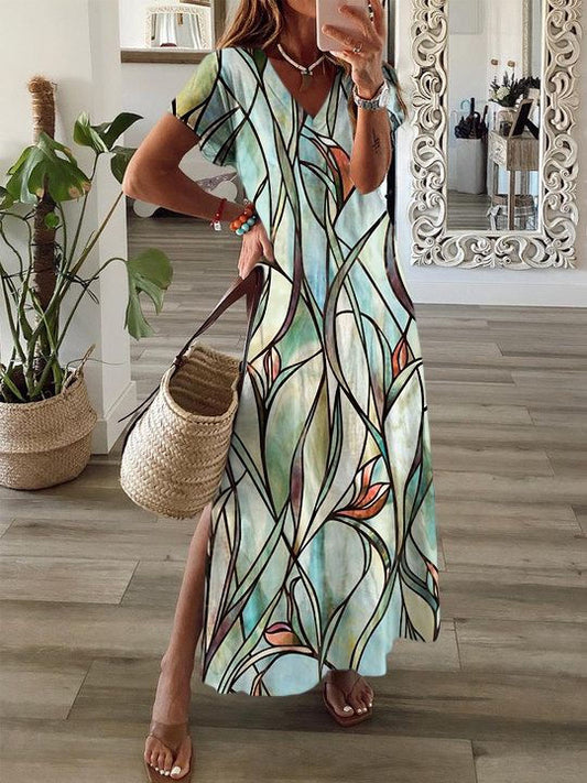 Abstract Plant Short Sleeve V Neck Maxi Dress