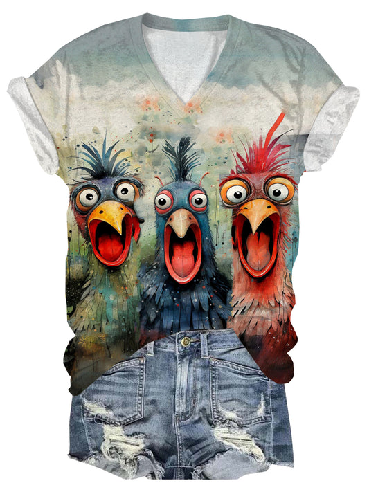 Funny Chicken Print V-Neck Short Sleeve T-Shirt