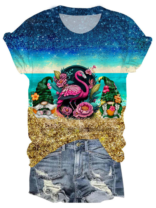 Beach Flamingo Gnomes Crew Neck T-shirt