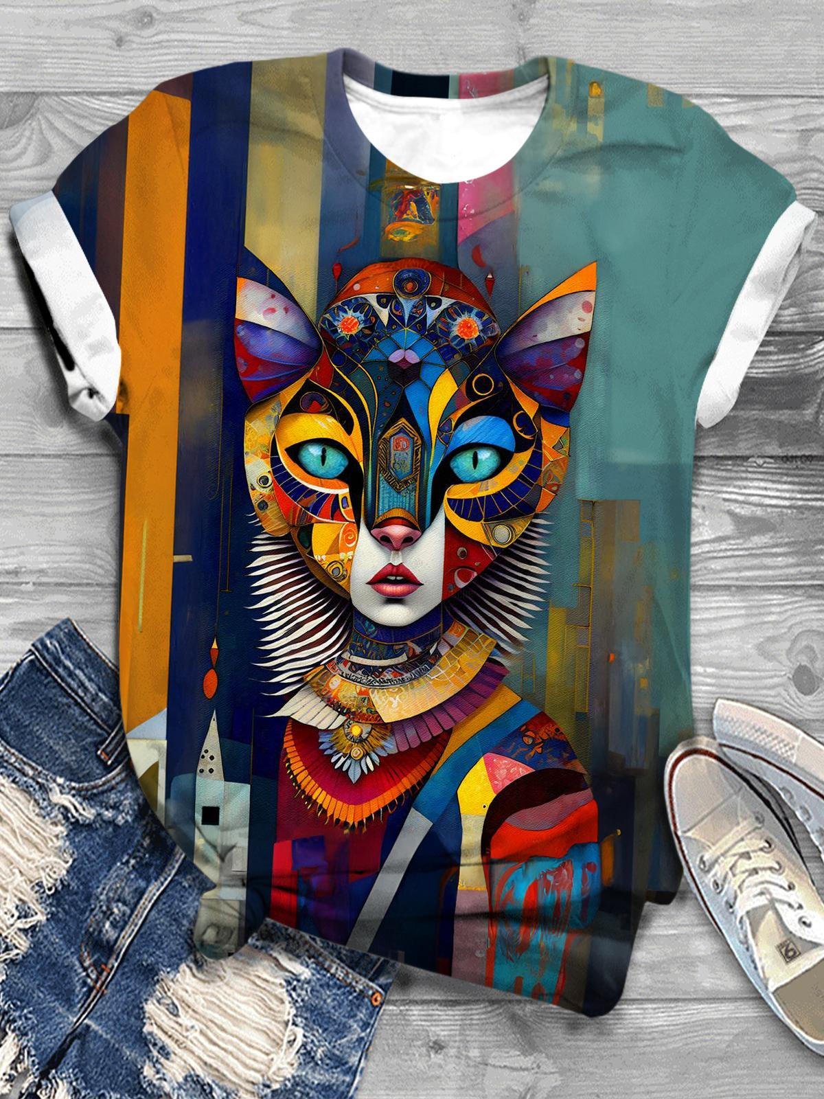 Abstract Cat Lady Crew Neck T-shirt