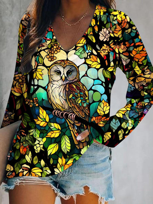 Women's Owl Print V-Neck Top