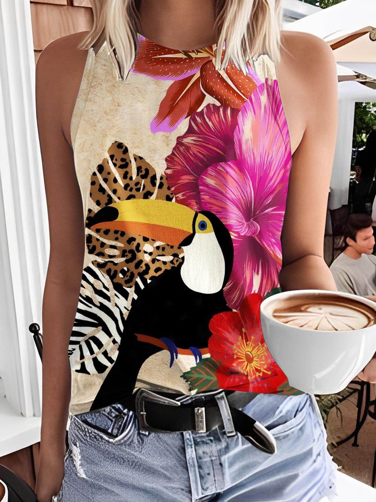 Floral Toucan Print Casual Sleeveless Top