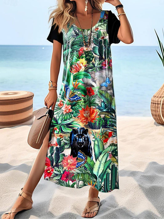 Flower Animal Short Sleeve V Neck Maxi Dress