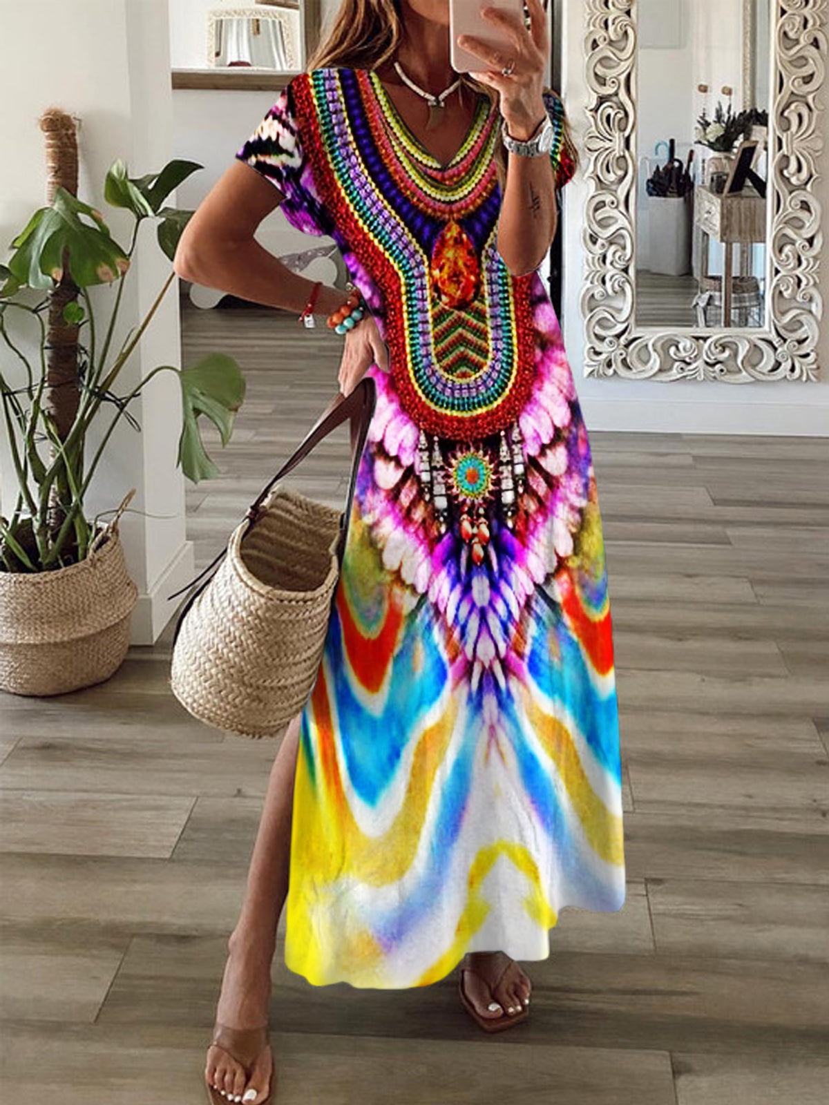 Bohemia Abstract Pattern Short Sleeve V Neck Maxi Dress