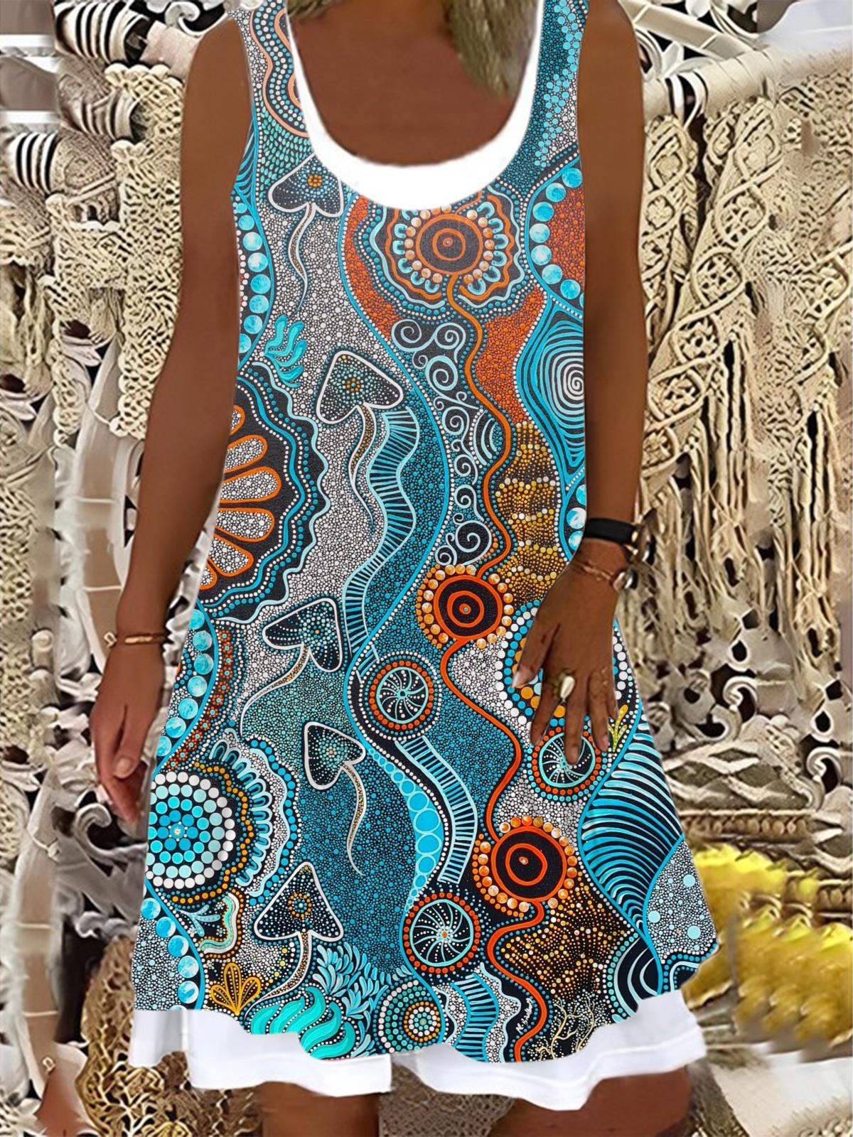 Ladies Abstract Ocean Landscape Print False Two Dress