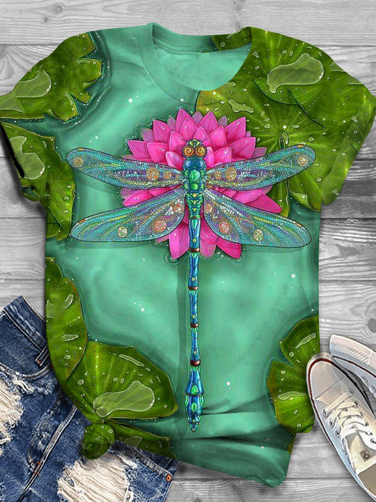 Dragonfly Lotus Leaf Crew Neck T-Shirt