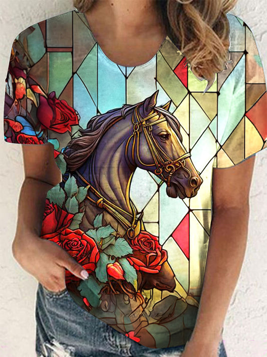 Floral Horse Print Crew Neck Top