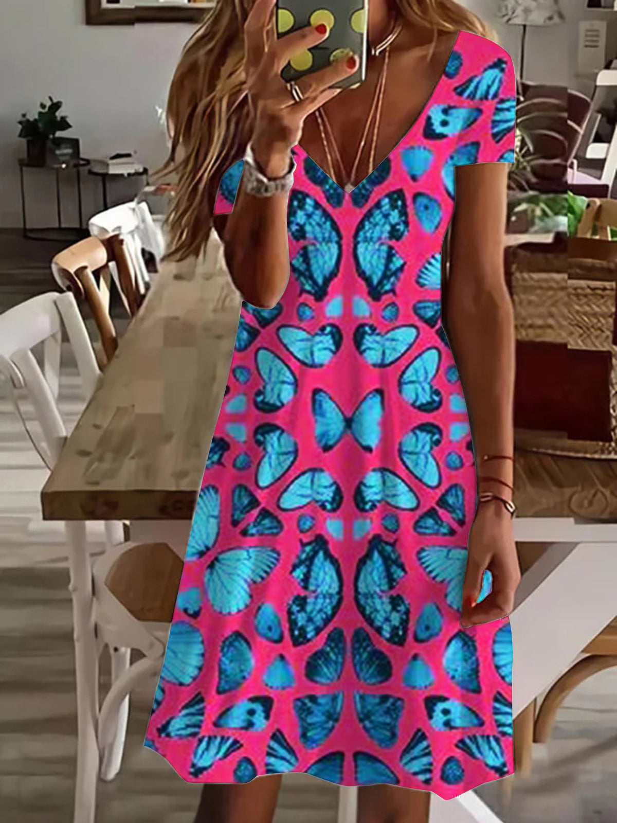 Butterfly V Neck Short Sleeve Dress