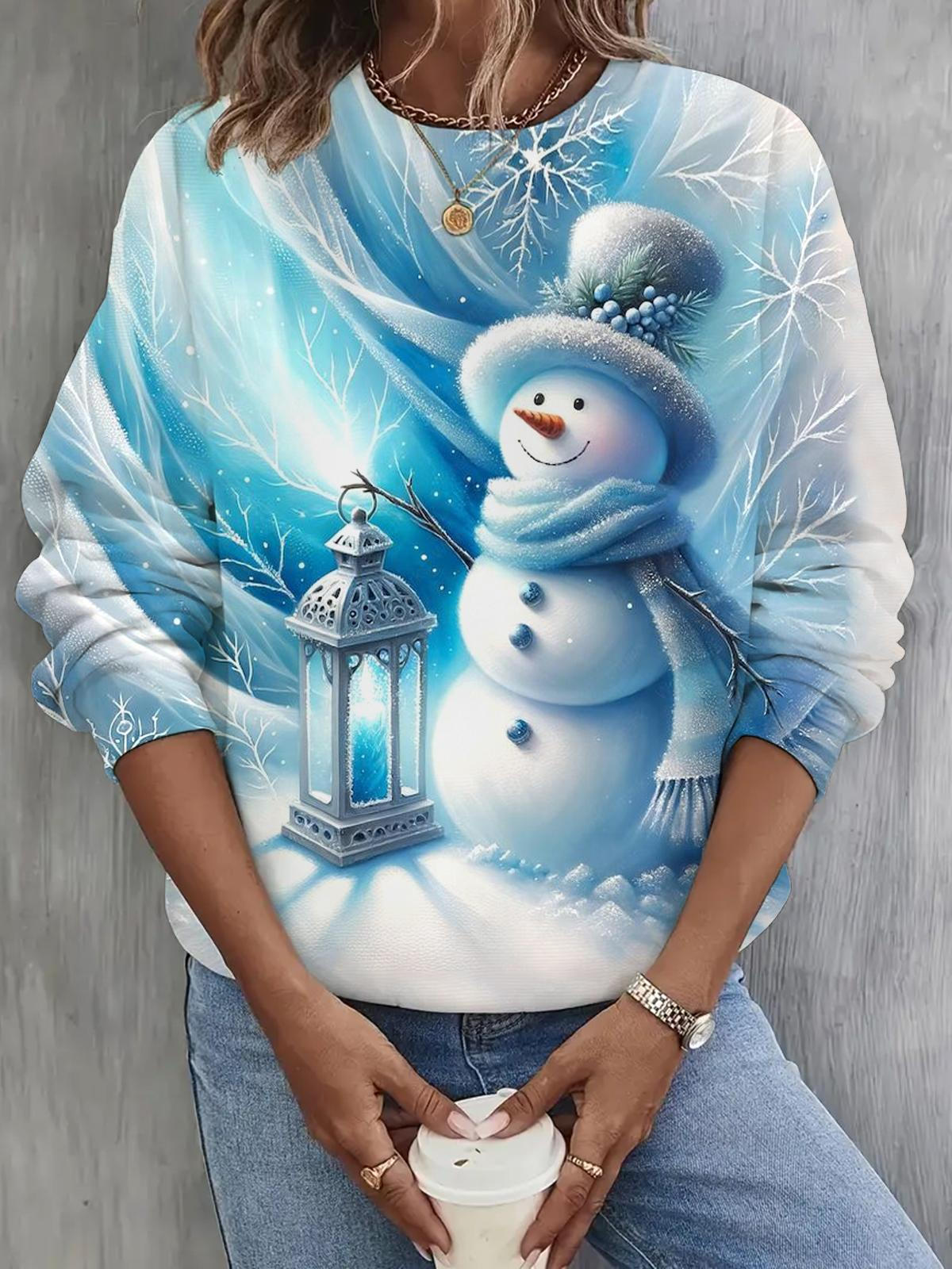 Snowman Print Long Sleeve Casual Top