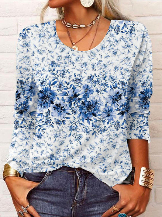 Casual Floral Print Round Neck Long Sleeve Tops
