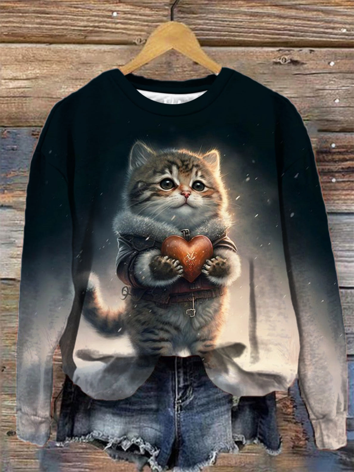 Women's Love Cat Round Neck Long Sleeve Top