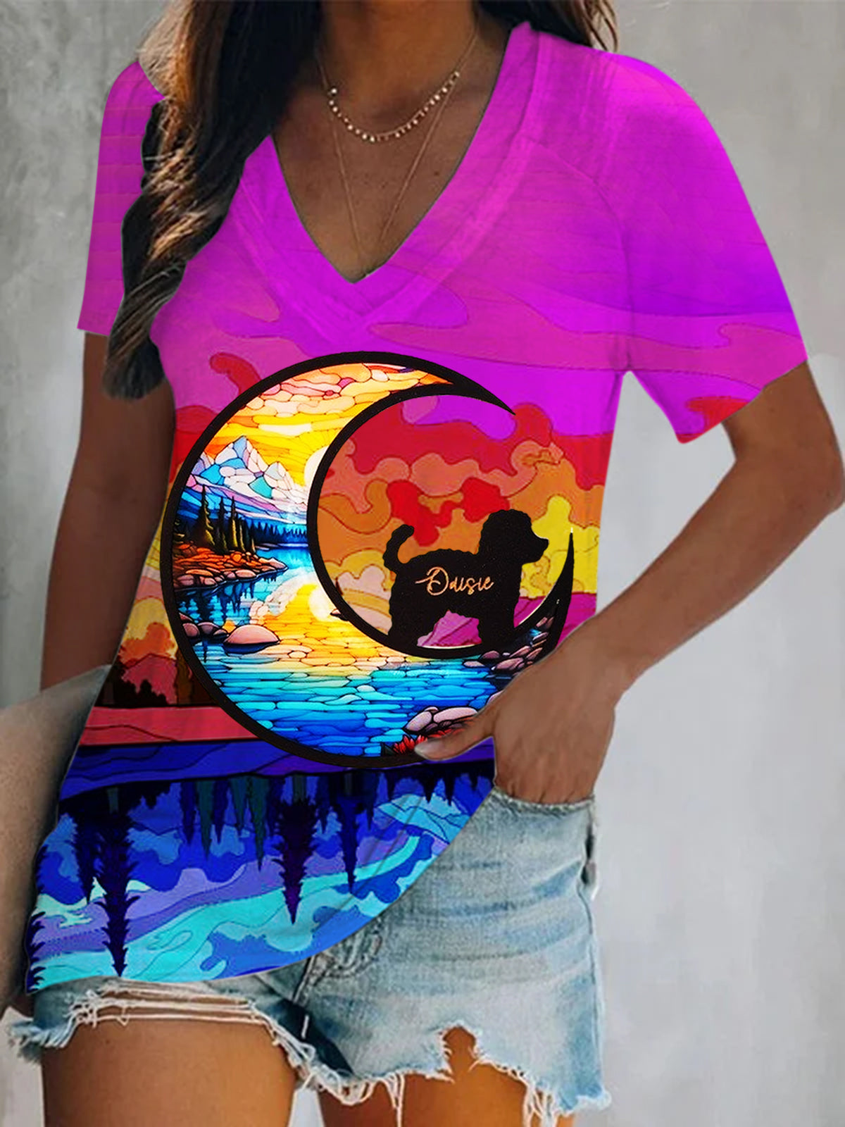 Moon Puppy Short Sleeve V Neck Print Top