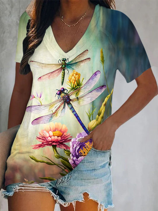 Watercolor Floral Dragonflies V Neck Print Top