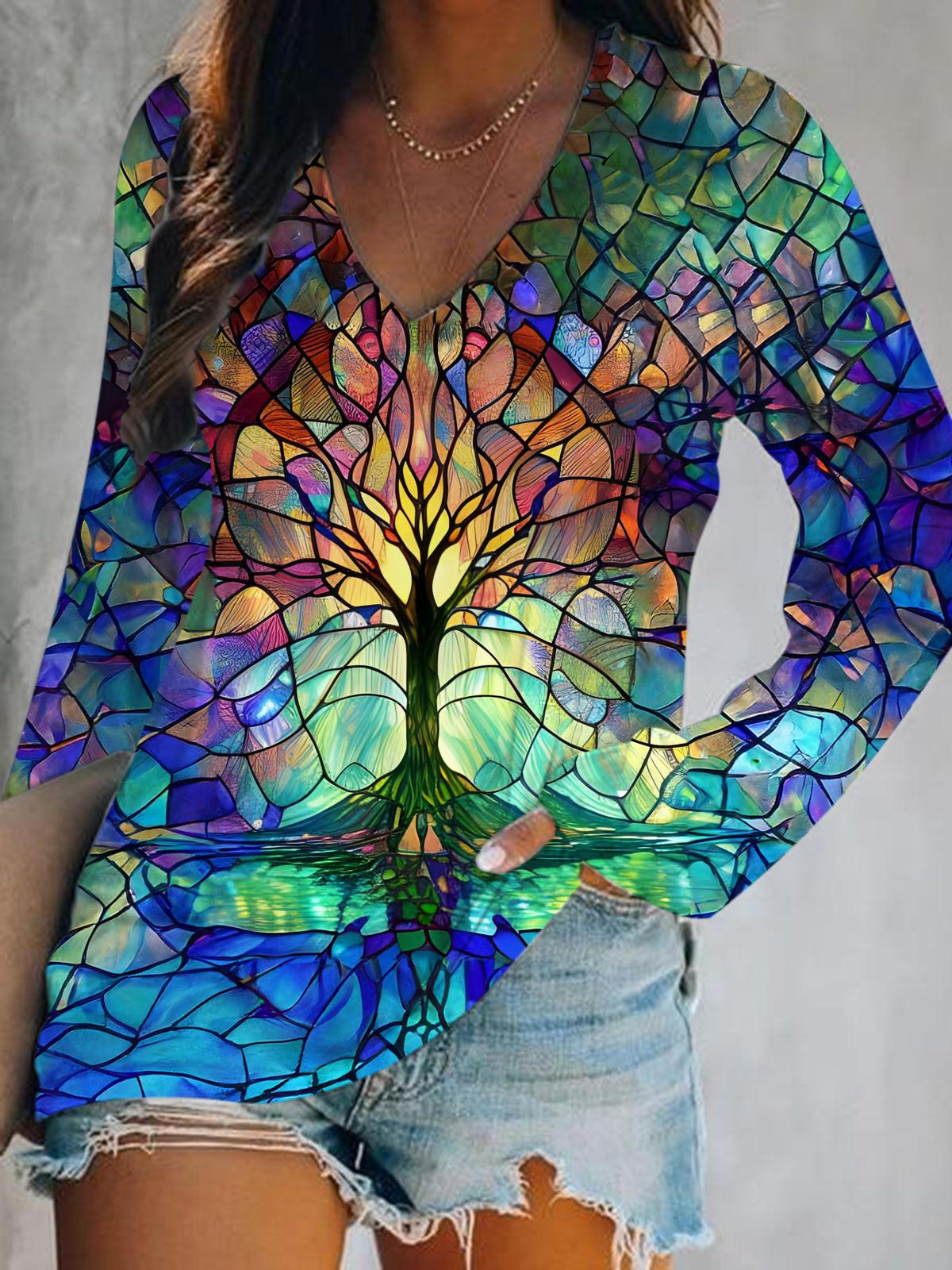 Stained Glass Sunset Tree Print V-Neck Long Sleeve Casual Top