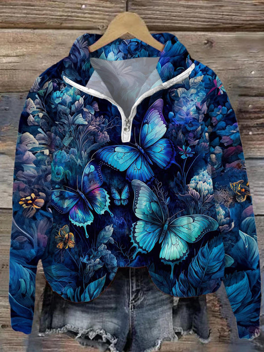 Blue Butterflies Printed Women's Lapel Long Sleeve Top