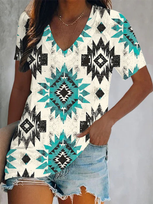 Turquoise Western Print Short Sleeve V Neck Top