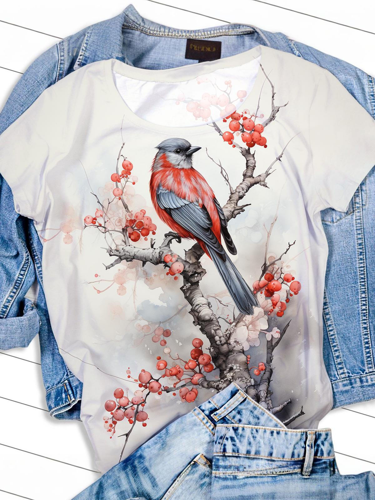 Flower And Birds Print Crew Neck T-shirt