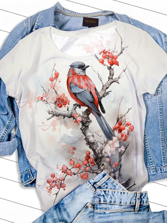 Flower And Birds Print Crew Neck T-shirt