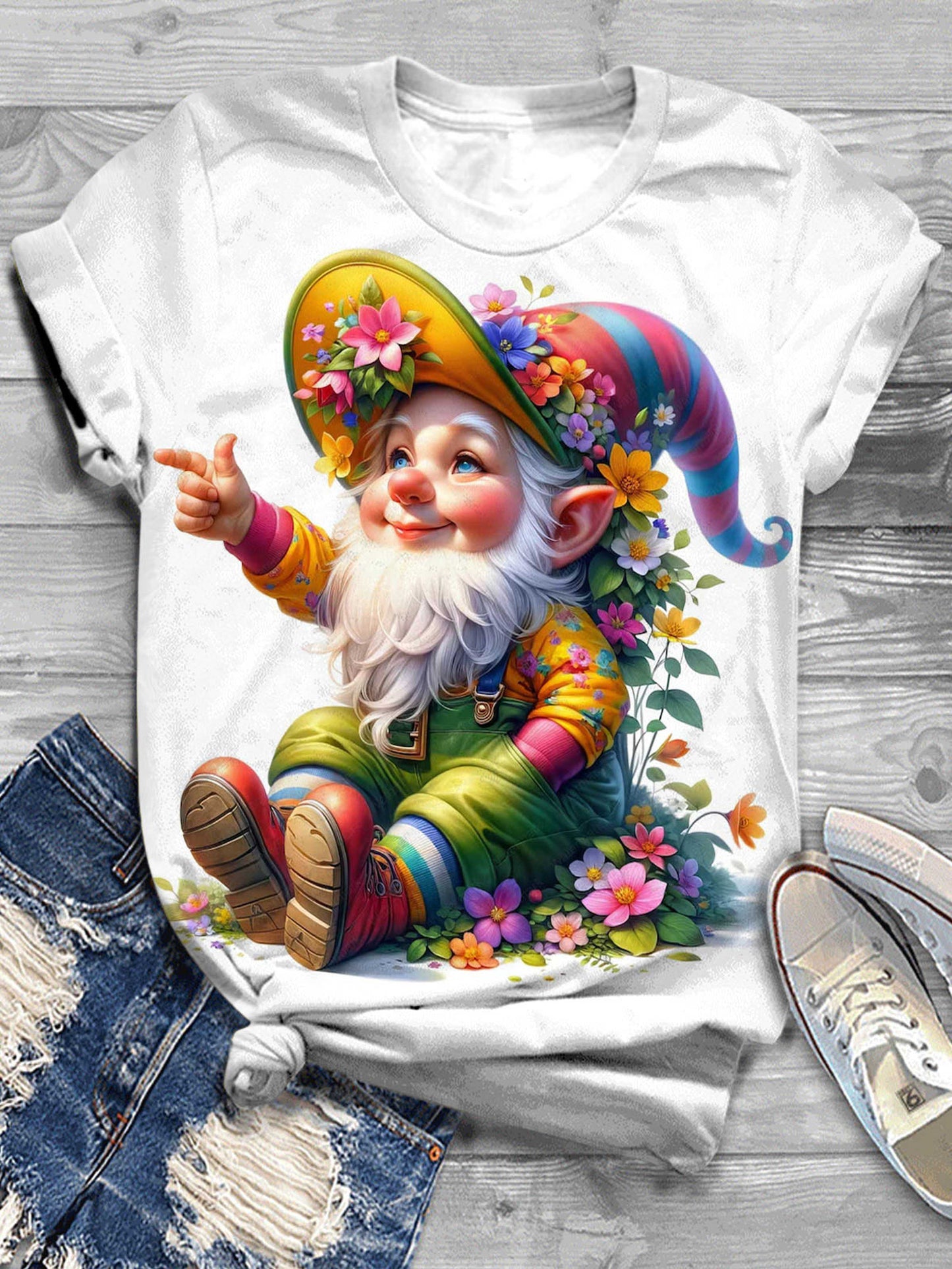 Spring Floral Gnome Short Sleeve Crew Neck T-Shirt