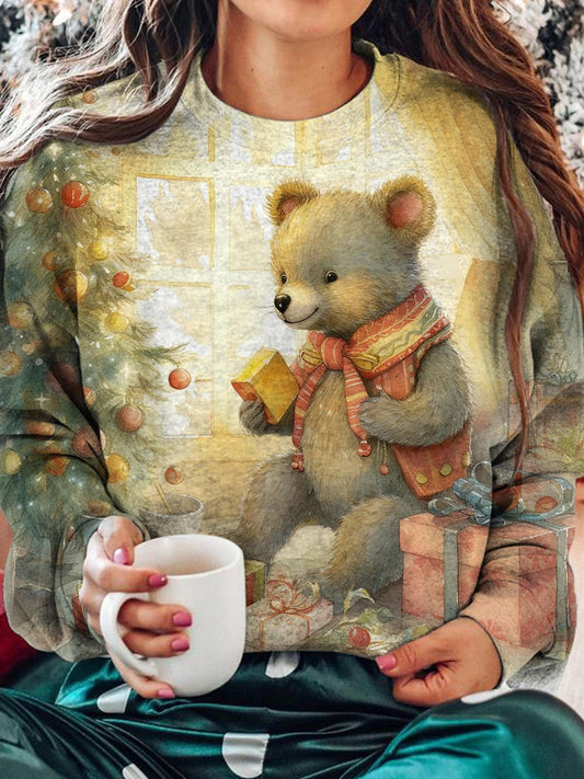 Christmas Teddy Bear Print Round Neck Long Sleeve Top