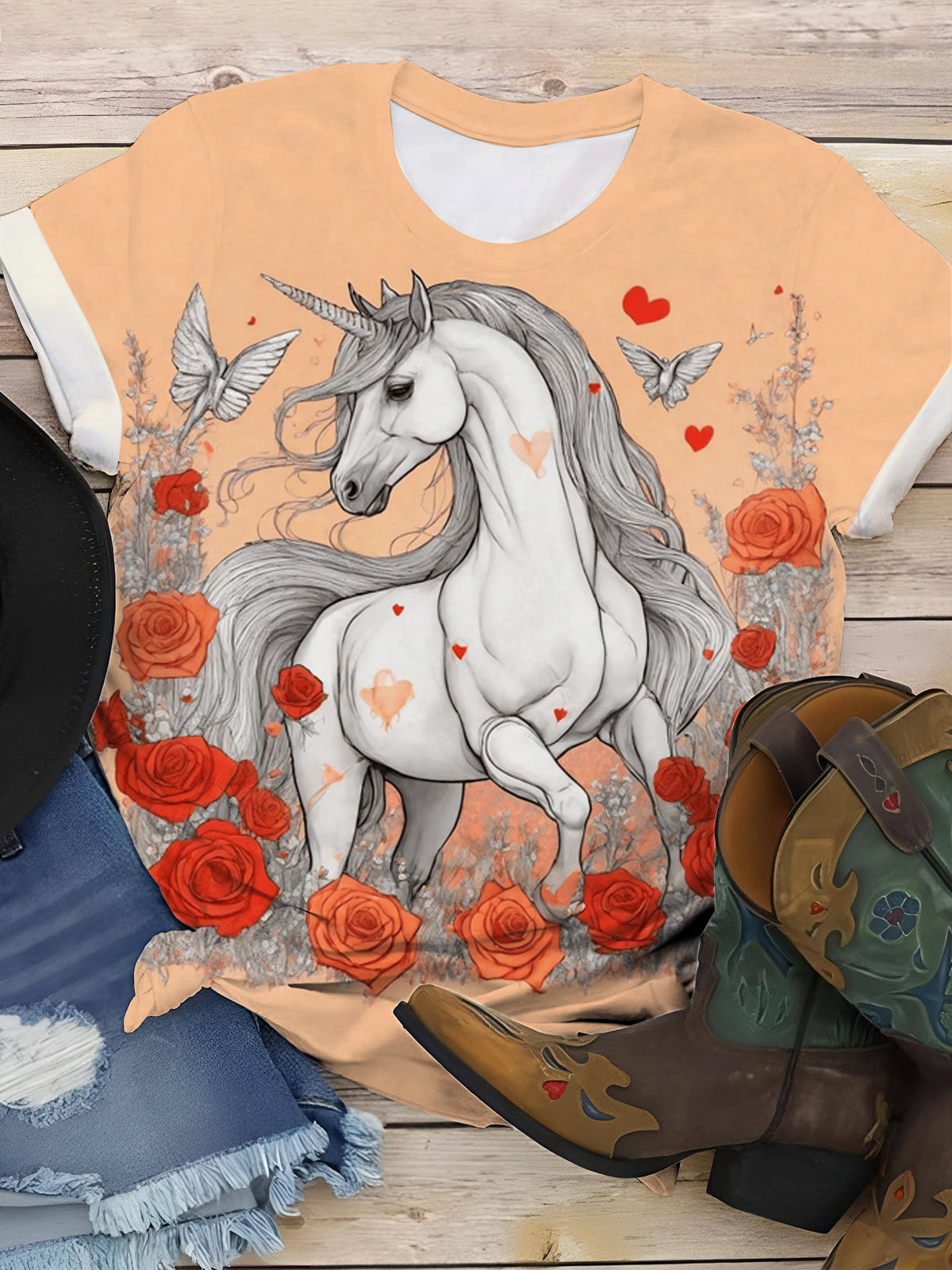 Horse And Flower Print Crew Neck T-shirt