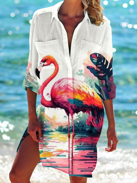 Women's Flamingo Print Holiday Beach Shirt Dress