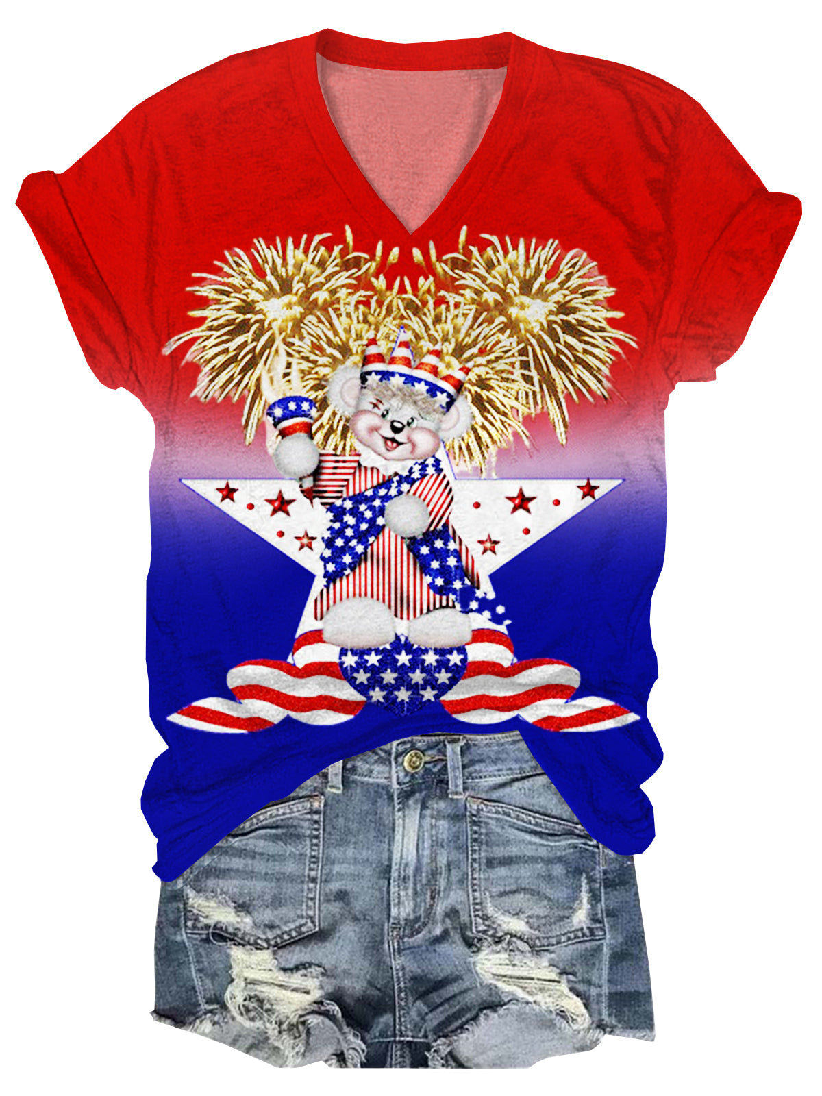 Flag Patriotic Bear V-Neck Short Sleeve T-Shirt