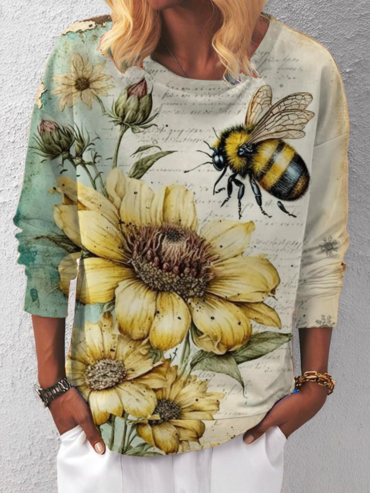 Sunflower Vintage Bee Print Long Sleeve Top