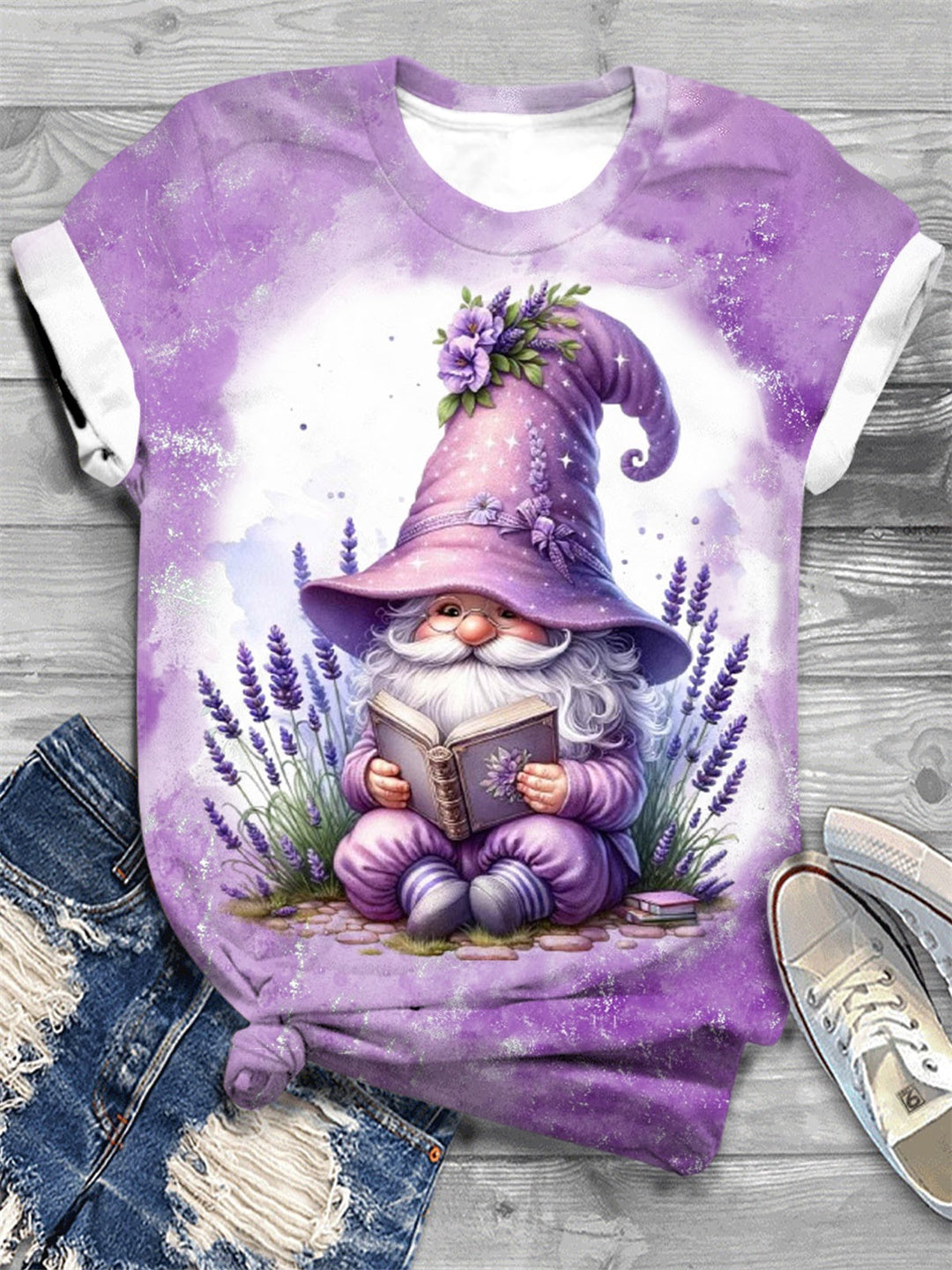 Lavender Gnome Print Crew Neck T-Shirt