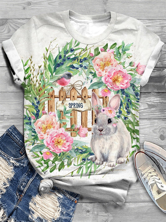 Spring Rabbit Print Crew Neck T-Shirt