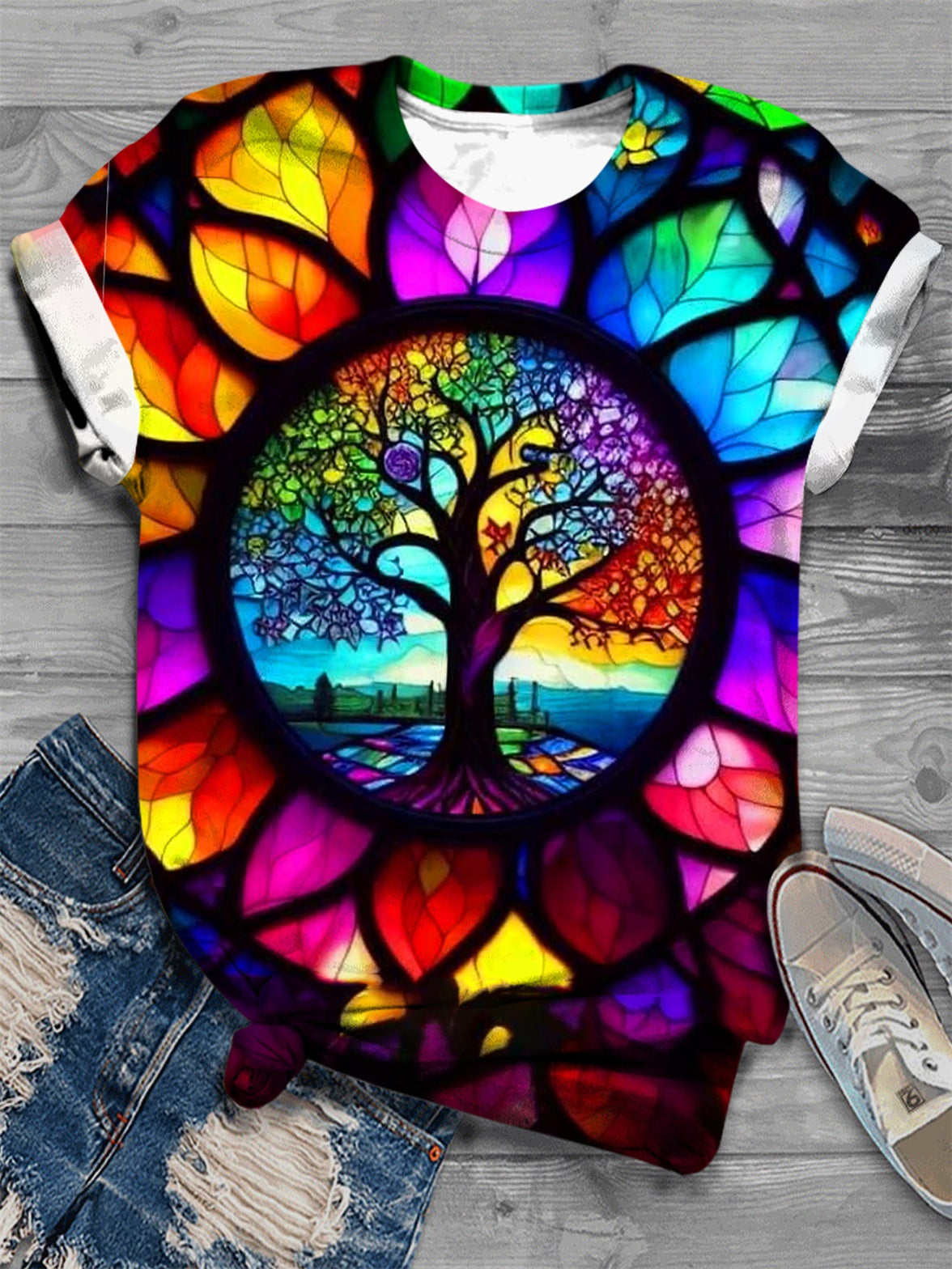 Square Round Drills Tree Stained Glass Print Crew Neck T-Shirt