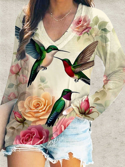 Women's Floral & Birds V-Neck Long Sleeve T-Shirt