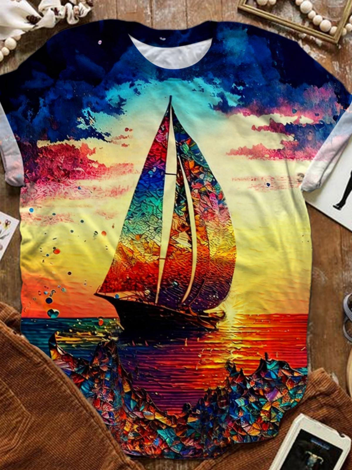 Sunset Sailboat Crew Neck T-shirt