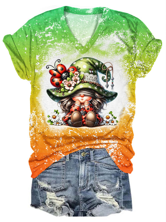 Cute Ladybug Gnome Print V-Neck Top