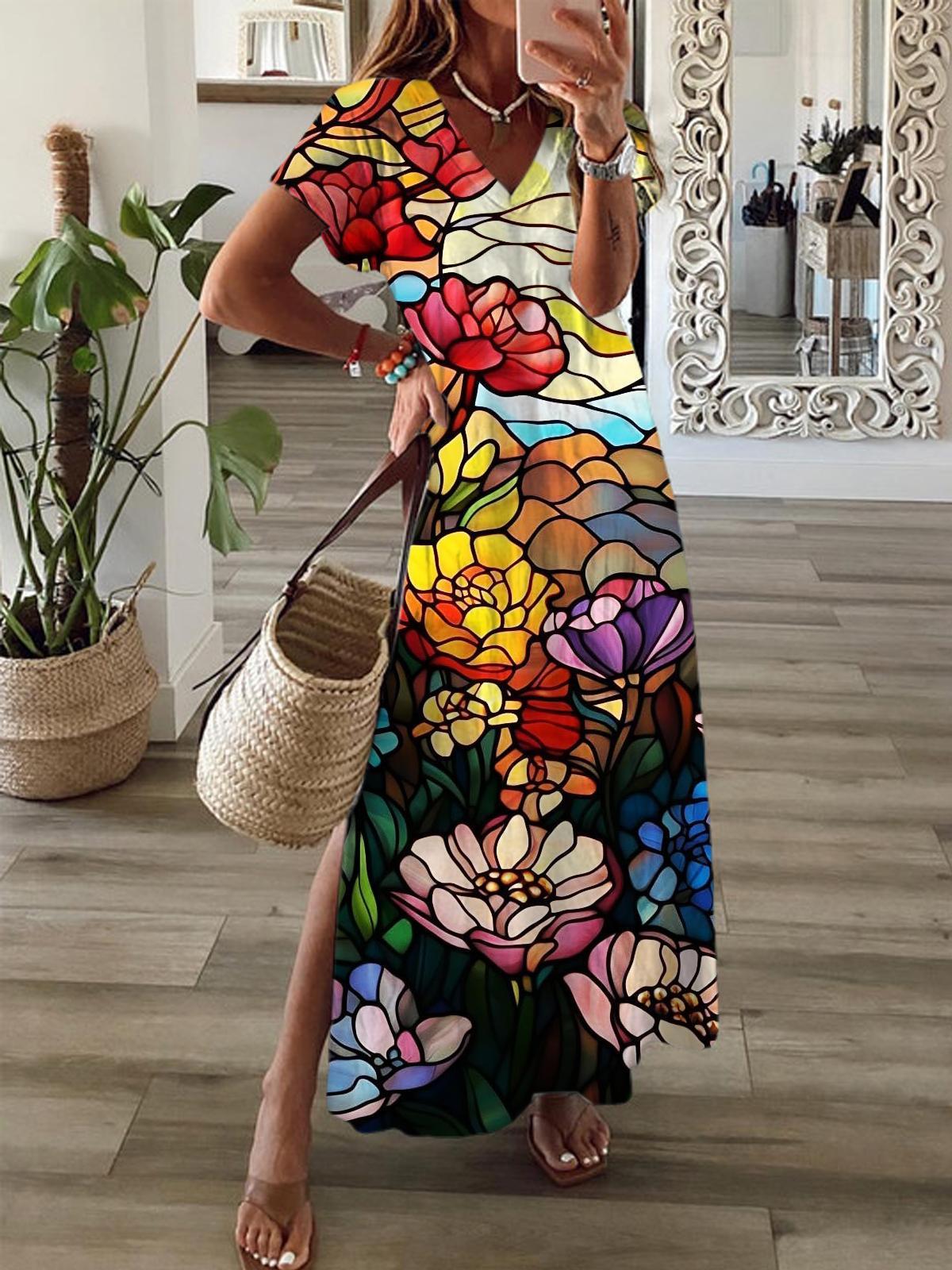 Flowers Sunrise Short Sleeve V Neck Maxi Dress