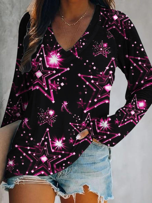 Women's Star Print V-Neck Top