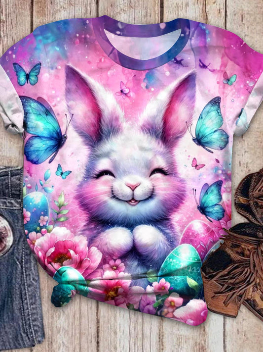 Smiling Butterfly Bunny Crew Neck T-shirt