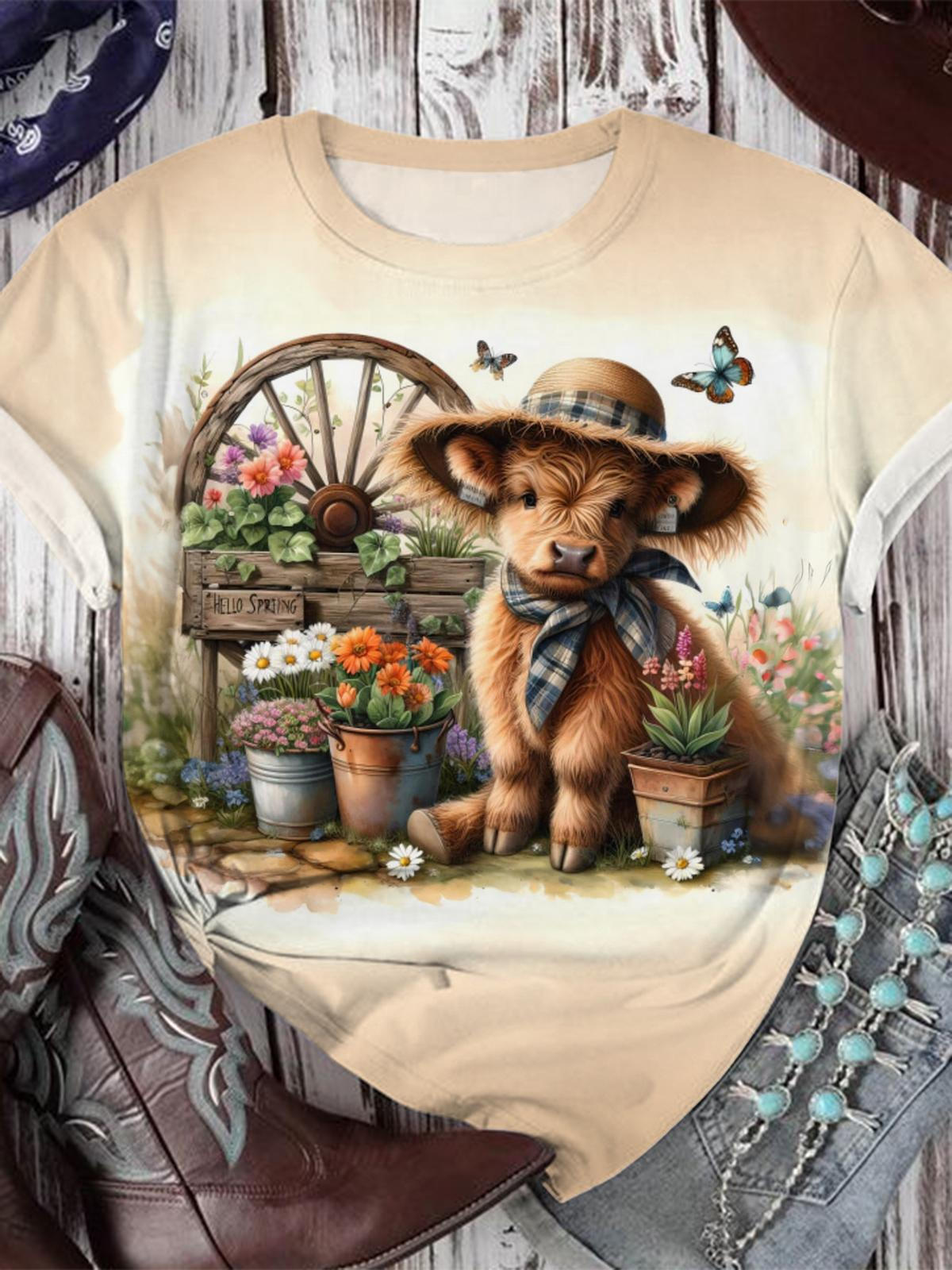 Water Wheel Highland Cow Crew Neck T-shirt