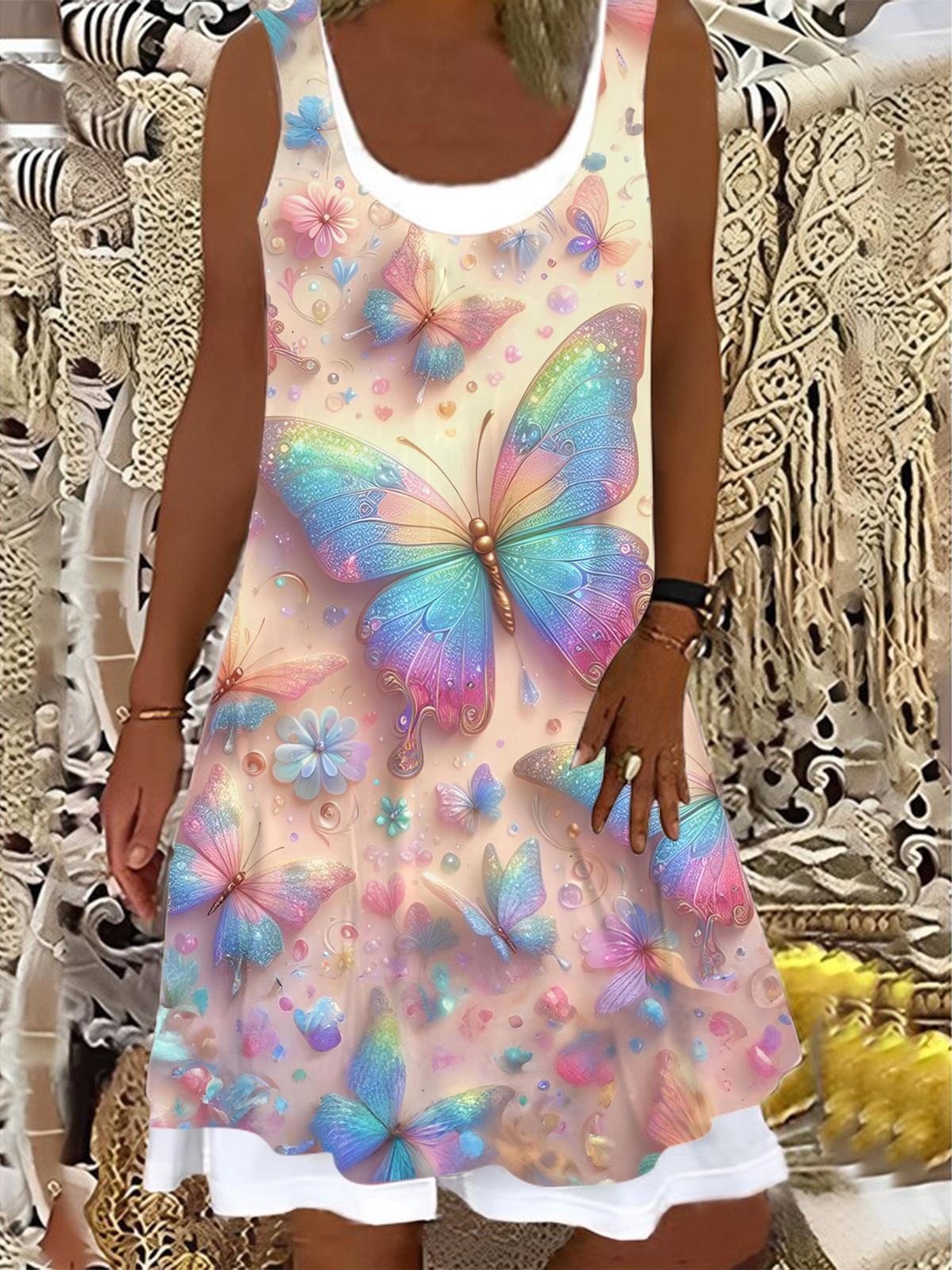 Ladies Butterfly Print False Two Dress