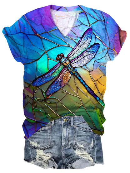 Women's Dragonfly Print V-Neck Short Sleeve Top