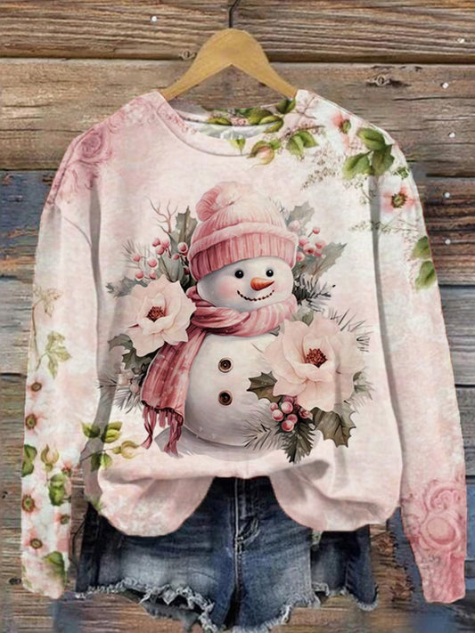 Women's Floral Snowman Print Long Sleeve Top