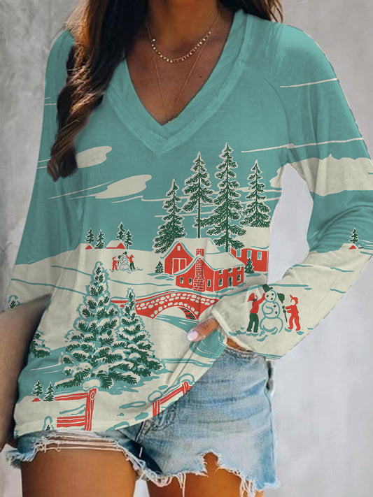 Winter Snow Print V-Neck Long Sleeve Top