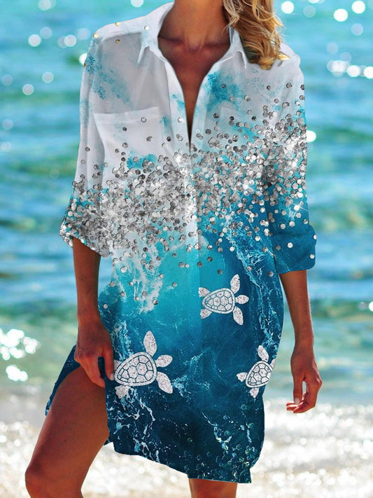 Sea Turtle Gradient Long Sleeve Beach Shirt Dress