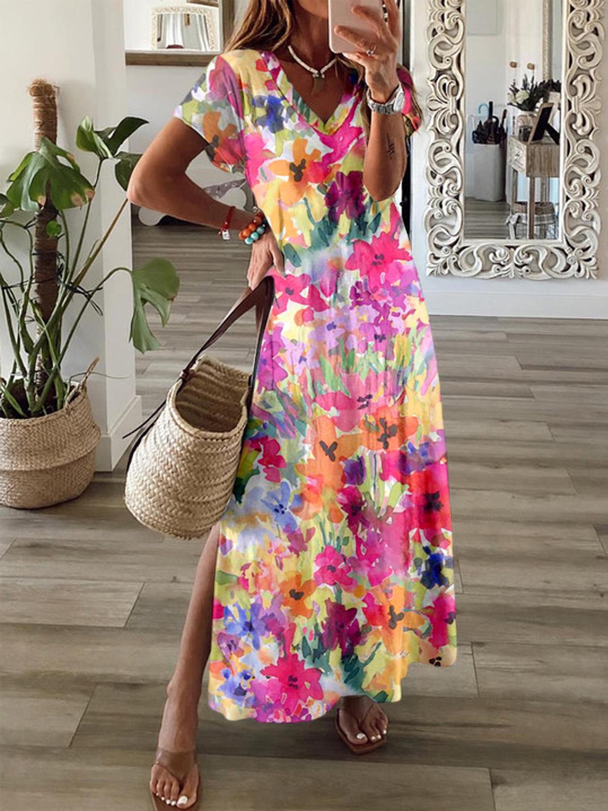 Wild Flower Printed V Neck Maxi Dress