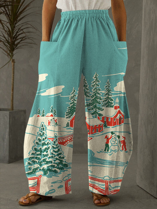 Vintage Winter Christmas Print Casual Pants