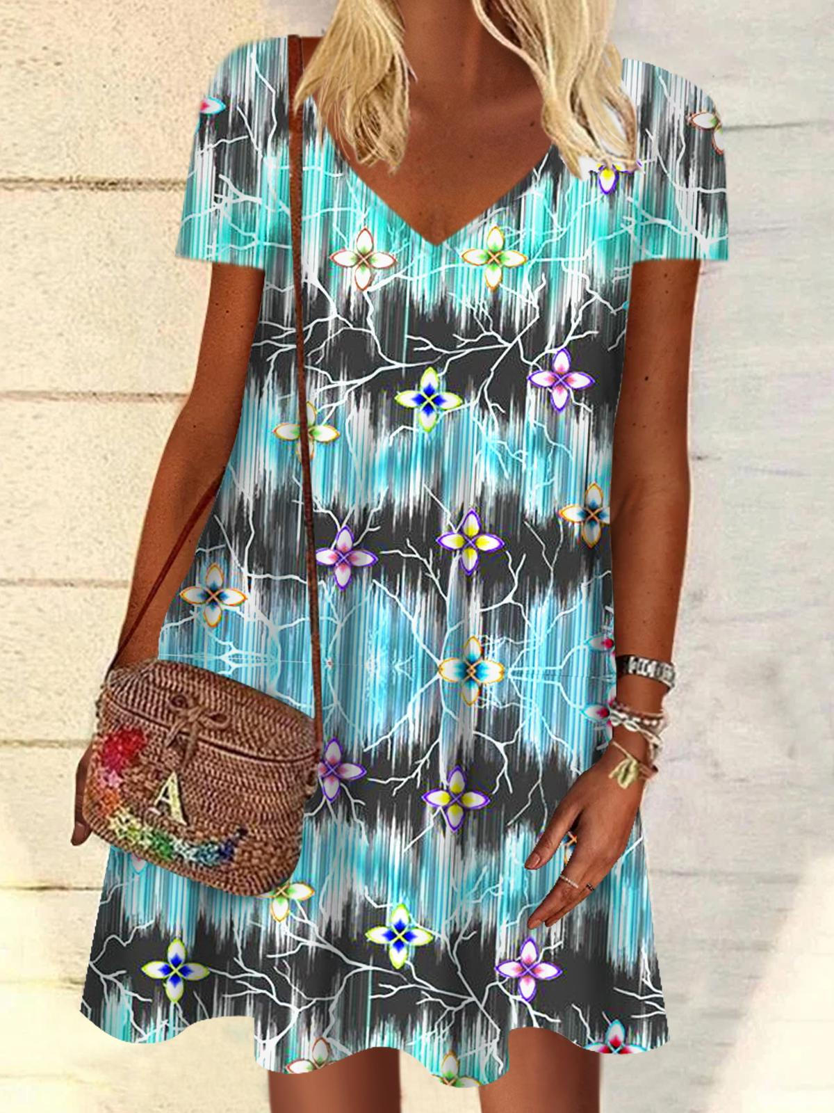 Floral Gradient V Neck Short Sleeve Dress