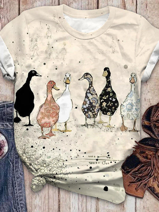 Vintage Ducks Print Crew Neck T-shirt